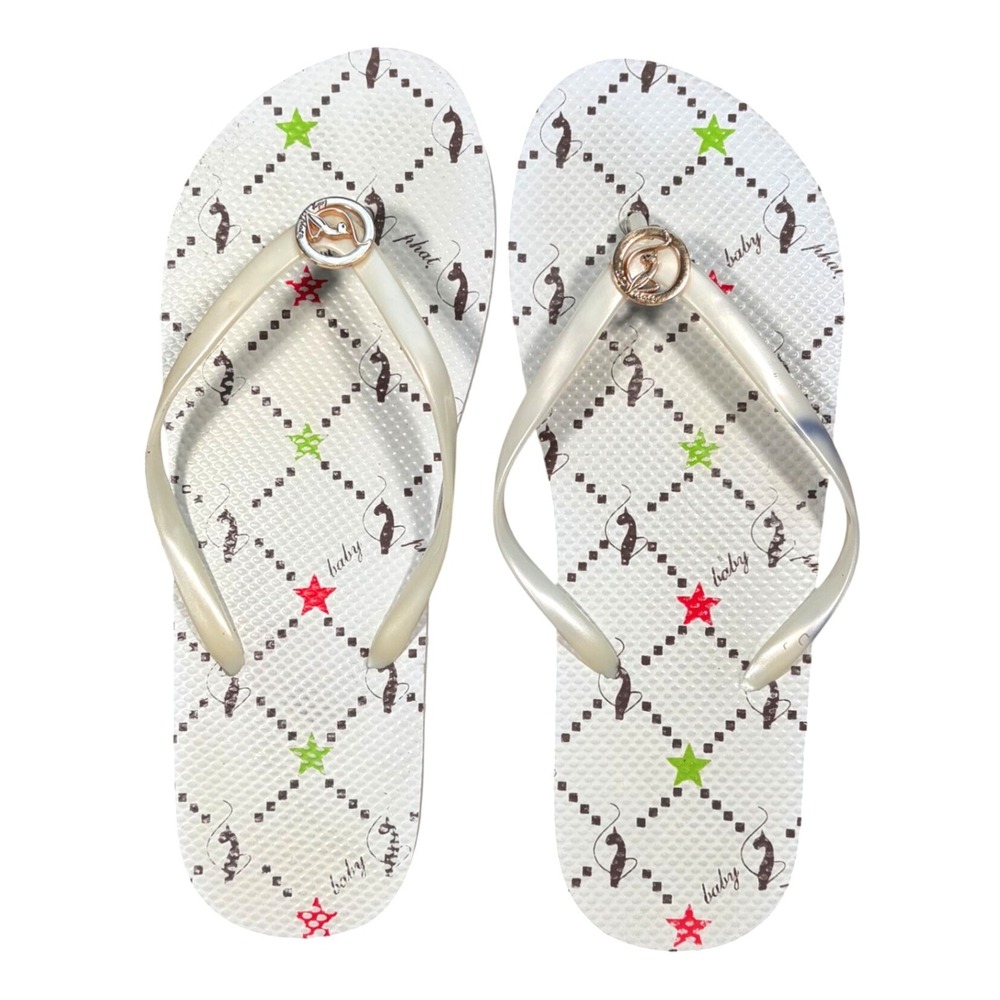 Baby Phat Womens Flip Flop Sandals White Cat Logo Star Print Y2K Vintage Thong